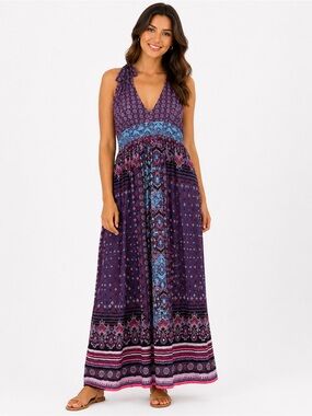 Promod Size Small Boho Halter Maxi‎ Dress in Purple & Teal